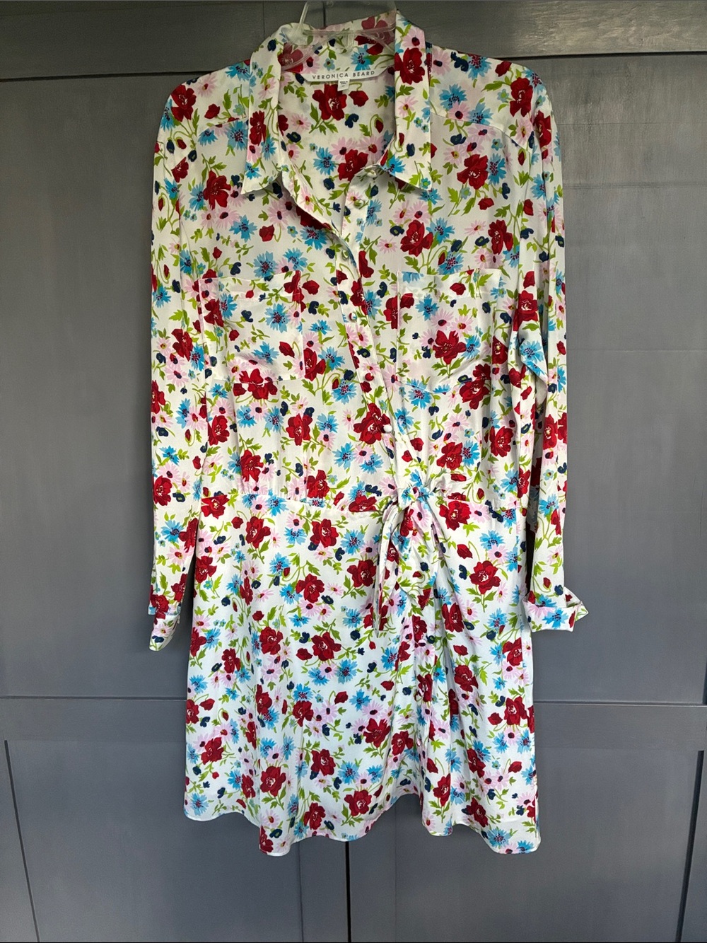 Veronica Beard White Floral Long-Sleeve Tie-Waist Shirt Dress silk